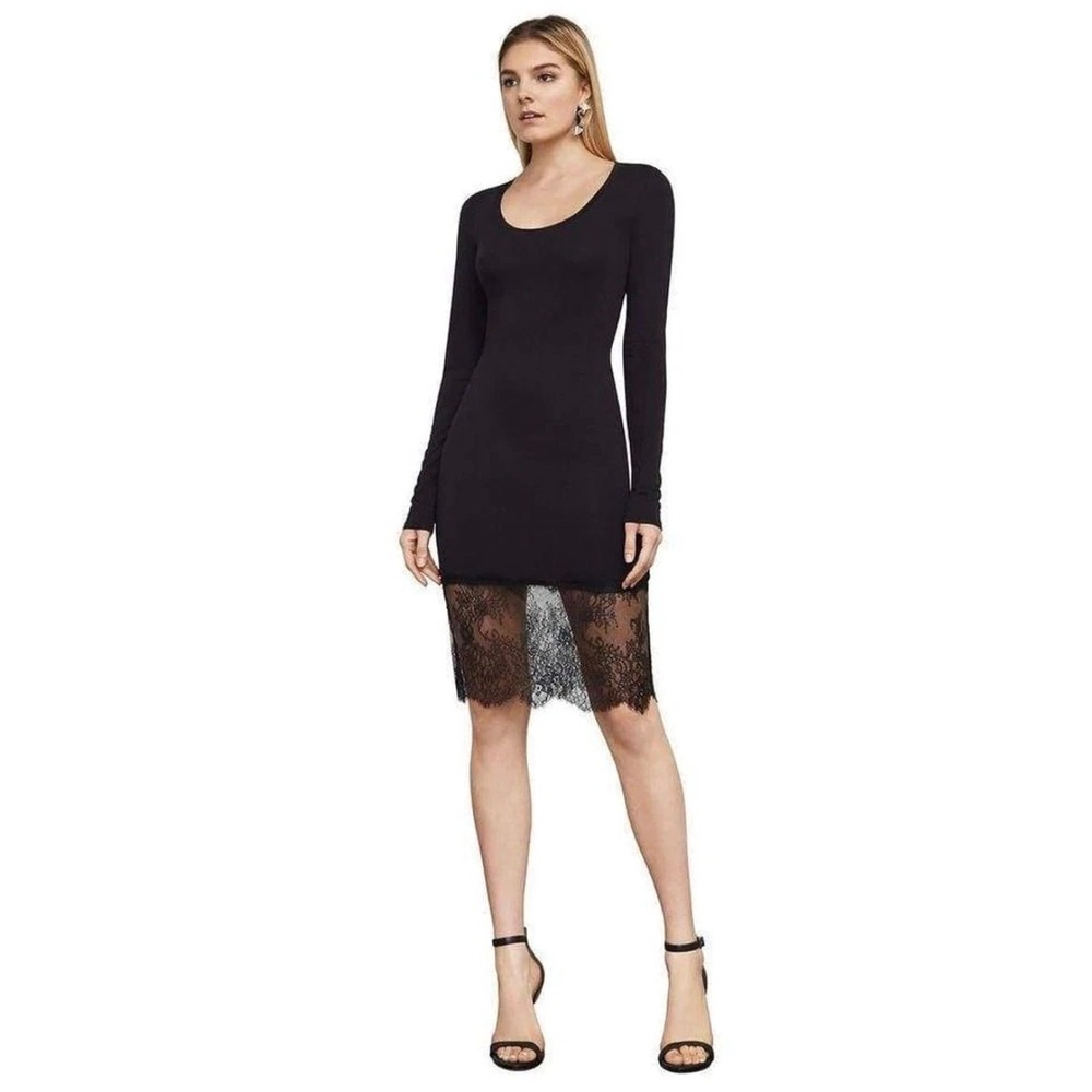 BCBGMAXAZRIA Womens Blue Long Sleeve Scoop Neck Knit Dress with Lace Hem